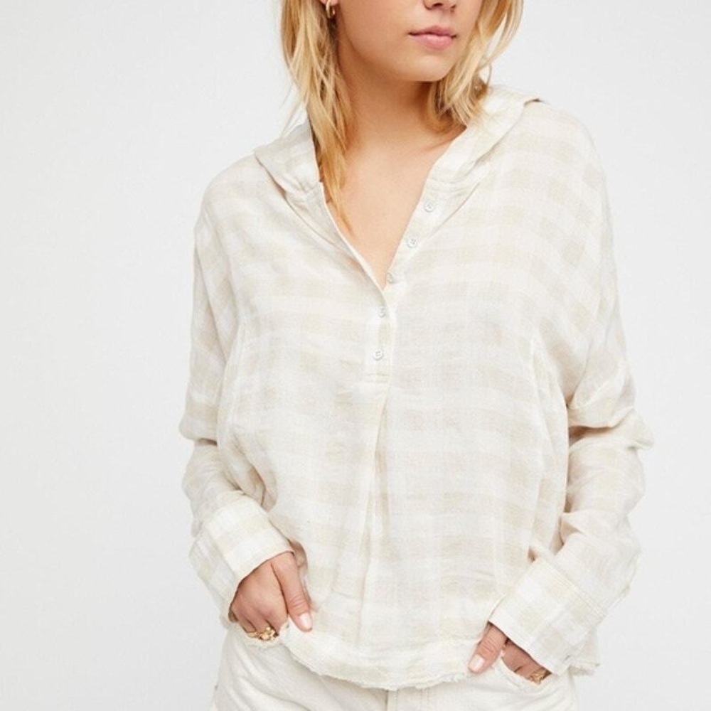 Free People Linen Plaid Top Size Small Beige White